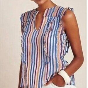 NWT: Maeve Elisabetta Ruffled Sleeve Semi Sheer Stripe